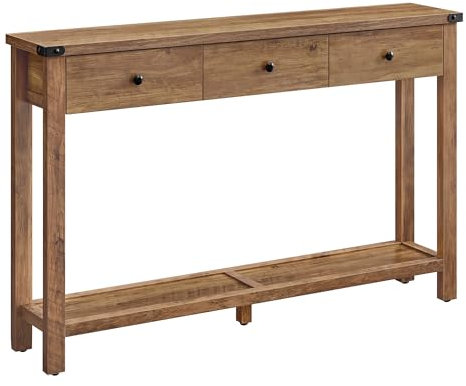 VASAGLE Konsolentisch, Beistelltisch, schmaler Sofatisch, mit 3 Schubladen und Einer Ablage, für Flur, Wohnzimmer, Landhausstil, honigbraun LNT142K41