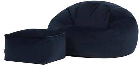 icon Kingston Velvet Bean Bag with Footstool, Midnight Blue, Large Adult Bean Bag Chair with Filling Included, Accent Chair, Pouffe Footstool, Living Room, Living Room Furniture, Bedroom Furniture