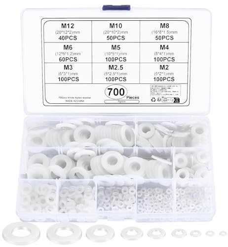 700 Pièces Rondelles Plates, Rondelles Nylon, Entretoises Rondes, Rondelle Frein Isolation Joints Spacer Assortiment de Fixations Industrielles - M2/M2.5/M3/M4/M5/M6/M8/M10/M12