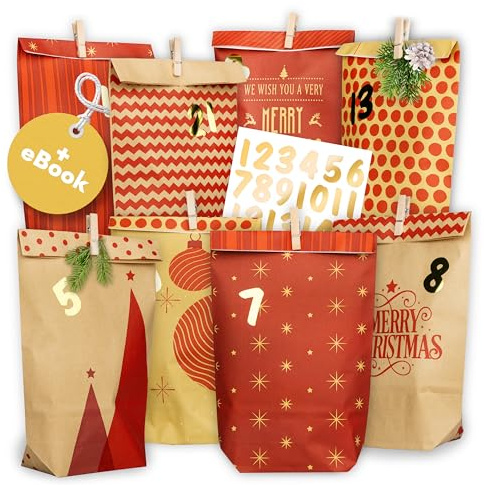 Amari ® Calendario dell'Avvento da Riempire - 24 Sacchetti di Carta per Calendario dell'Avvento (con Graffette) per il Fai da Te per Bambini - Calendario di Natale di Carta da Riempire da Solo