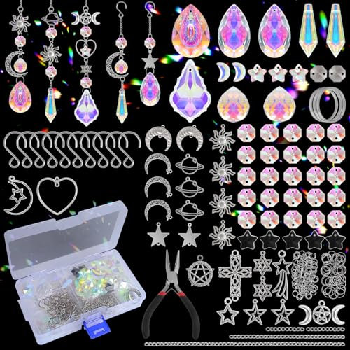 FACIACC 252 Stück Sonnenfänger Bastelset, DIY Sonnenfänger Kristall, Hängender Regenbogen mit Kristallketten Tropfen Prisma für Innen- und Außenbereiche, Gartenfenster und Partydekoration