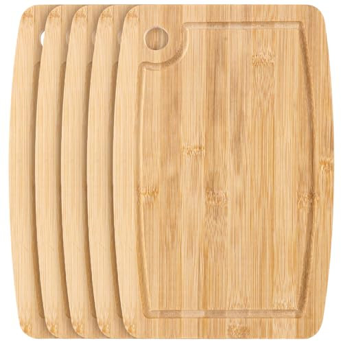 SHUESS Juego de tablas de cortar de madera, juego de 5 tablas de cortar de bambú, 28 x 18 cm, tabla de madera para la cocina, tabla de pan, tablas de desayuno, con surco de zumo