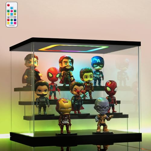 AZEYN Vitrine Acrylique Transparente avec Éclairage LED RVB Télécommandé, Vitrine pour Collections 3/4/5/6 Niveaux Anti-Poussière, Présentoir pour Lego Figurines (Noir, 4 Étagère 32 x 24,5 x 27cm)