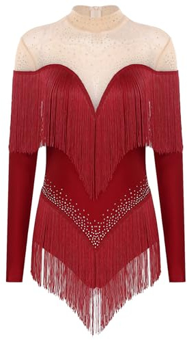 YEAHDOR Donna Balletto Body per Danza Ballet Leotard da Ginnastica con Nappe Frange Tuta da Jazz Tango Samba Salsa Abito da Ballo Latino Americano Dancewear Borgogna S