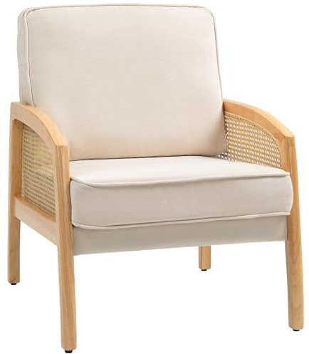 HOMCOM Sillón de Salón Tapizado en Chenilla Butaca para Dormitorio con 1 Almohada Lavable y Reposabrazos de Ratán Sintético Carga 120 kg 67x75x88 cm Beige
