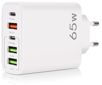 YIIFELL Cargador USB C, 65 W, 5 Puertos, Cargador USBC con Cargador rápido Inteligente QC 3.0, Adaptador de alimentación USB para iPhone 15, 14, 13, 12, 11 Pro MAX SE 2020 XS XR 8 7, Samsung