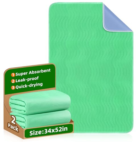Bed Pads Washable Waterproof (2 Pack, 34 × 52): Extra Heavy Absorbency, Reusable Bedwetting Incontinence Underpads for Kids, Baby, Adults, Elderly & Pets, Protective Pad for Bed, Sofa, Couch, Floor