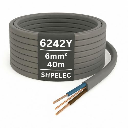 SHPELEC® 6242Y Twin and Earth Cable 6mm – 40m | 6242YH BASEC Approved Grey T&E | Cooker & Shower Circuit Wire, Stranded Copper (40 Metres, 6mm²)