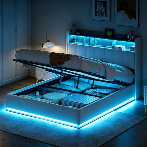 Letto matrimoniale con contenitore 140x190 con LED e USB, Letto imbottito 140x190 con contenitore idraulico, letto funzionale,Struttura letto con ripostiglio testiera e rete a doghe,Velluto
