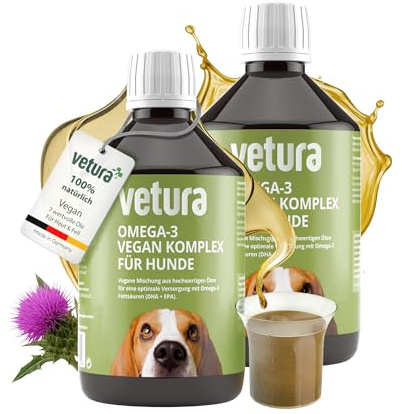Vetura Veganes Omega 3 Öl für Hunde - 2 x 500 ml Sparset - Omega-3 Vegan Komplex mit DHA & EPA – Unterstützt Haut & Fell – BARF Öl Hund mit 7 pflanzlichen Ölen – Ergänzungsfuttermittel aus Deutschland