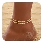 FUNEIA Silver Gold Anklets for Women Glitter Waterproof Adjustable Anklet | 14K Gold/Sterling Silver Plated Layered Ankle bracelets for women, Beach singapore bead chain Anklet Jewelry Gift
