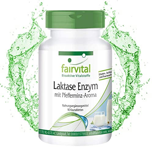 Fairvital | Lactase Tabletten - Vegetarisch - 4500 FCC pro Tablette - bei Laktoseintoleranz - mit Pfefferminz-Aroma - 90 Kautabletten
