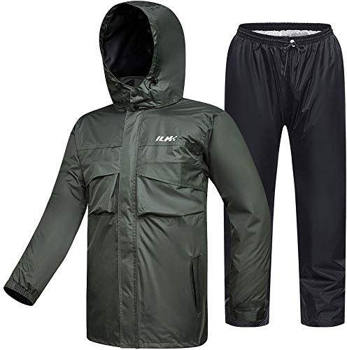 ILM Motorcycle Rain Suit Waterproof Men 2 Set Jacket and Trousers Motorbike Fishing Rain Gear Resistant Protective 6 Pockets RS02,Army Green-men,L
