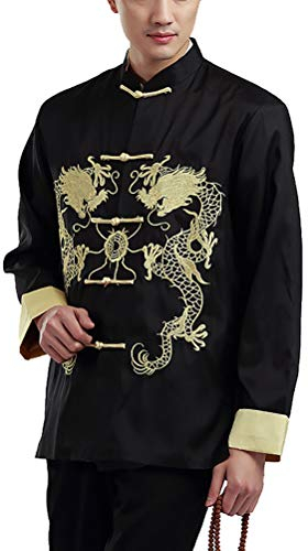 Daoba Herren Tang Anzug, Chinesisch Traditionell Stehkragen Langarm Tai Chi Shirt Kampfkunst Kung Fu Hemd Jacke Tops Doppelte Drachenstickerei
