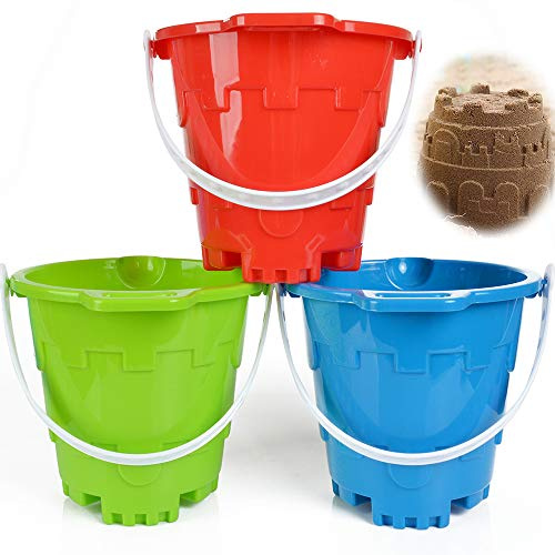Jumbo Castle Model Beach Gear 7 Large Sand Buckets Pails Beach Water Pool Gardening Bath Toy Environmentally ABS Durable Thick Plastic Complete Gift Set Bundle For Kids Boys Girls- 3 Pack Green Blue