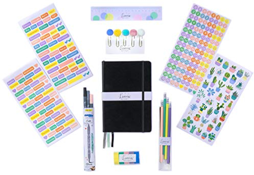 Loveria Bullet Journal Set mit Notizbuch und Stiften - A5 dotted schwarz 192 Seiten inkl 3 Stiften, über 250 Sticker, Washi Tape Klebeband, Büroklammern, Lineal und Bleistifte