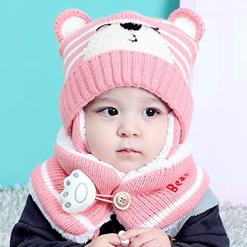 Uposao Warm Mütze und Schal Set für Jungen Mädchen 6-36 Monate, Unisex Baby Wintermütze Niedliche Bär Warm Gestrickter Mütze Schal Sets Beanies Hüte Schlupfmütze Plüsch Schalmütze Strickmütze,Rosa