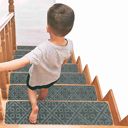 Arthome Alfombras de Escalera Antideslizantes, 15 Paquetes 20cm x 76cm Madera Escalones, Autoadhesivo Alfombra Antideslizante Seguridad para Mascotas, Ancianos y Niños (Gris Gofrado)