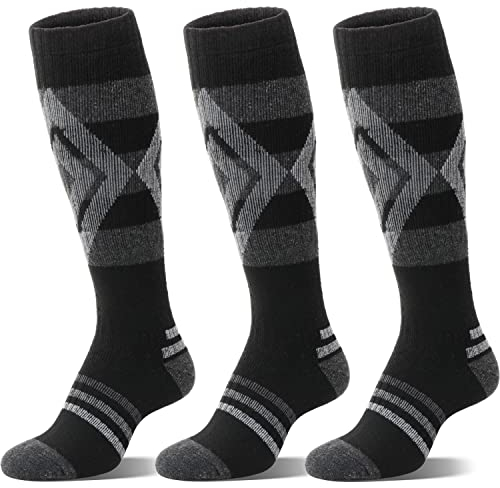 Welwoos Merino Wollsocken Skisocken Warme Thermosocken Dicke Thermo Wintersocken für Damen Herren Winter Geschenke Ski Socken 3 Paare(Diamant-Schwarz,L)