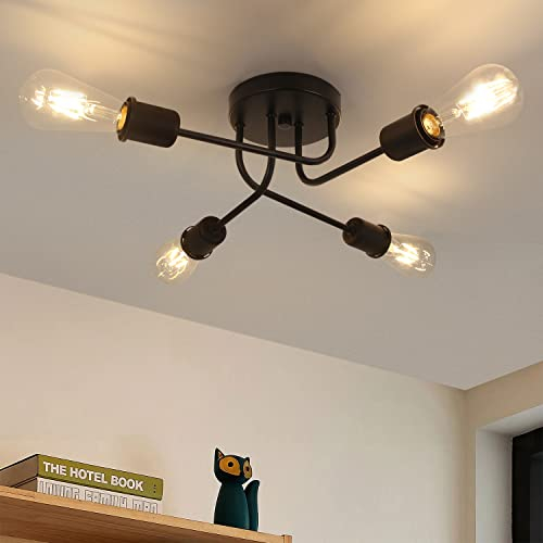 CBJKTX Deckenleuchte Vintage Deckenlampe Schwarz - 4 Flammig E27 Küchenlampe Retro Wohnzimmerlampe Industrial Flurlampe Metall Design Schlafzimmerlampe für Küche Wohnzimmer (ohne Leuchtmittel)