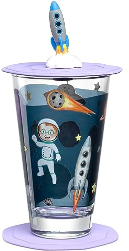 LEONARDO HOME Bambini Avventura Kinderglas mit Deckel und Untersetzer - Trinkglas mit Motiv aus hochwertigem Glas - Größe L, Inhalt 300 ml - 3-teiliges Trinkset mit Motiv Weltall, 023673