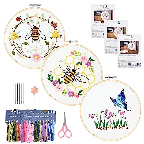 3 Sets Anfänger Stickerei Set, Handmade Embroidery Starter Kit, Kreuzstich-Set Embroidery Starter Kit, Einstellbare Stickerei Tool Kit, Kreuzstich Kits mit Stickrahmen, Farbfäden und Werkzeuge
