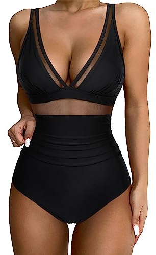 DOULAFASS Sexy Mesh Swimming Costume Women Tummy Control Swimsuit V Neck Padded One Piece Swimwear