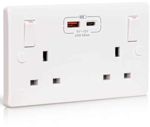 Double Wall Socket with USB C Port 20W Fast Charging Standard UK Plug Socket 13 Amp 2 Gang White