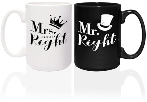 Mr. Right And Mrs. Always Right - Juego de 2 tazas gigantes de cerámica a juego en blanco y negro de 15 onzas, divertidas tazas de café para parejas, una taza negra y una taza blanca para relaciones