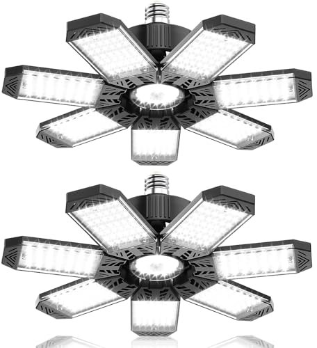 HAPYLUMI Luz LED de garaje de 200 W, paquete de 2 luces LED brillantes de techo de 20000 lm con 7 paneles ajustables, iluminación de tienda de 6500 K, rosca en enchufe de bombilla E26/E27, luces LED