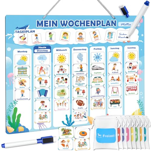 FORMIZON Wochenplaner für Kinder, Montessori Magnettafel inkl. 248 Magnete, Aufbewahrungstasche & Stift, Kalender Tafel für Kinder Tagesprogramm und Wochenplan, Montessori Lernspiel für ab 3 Jahre