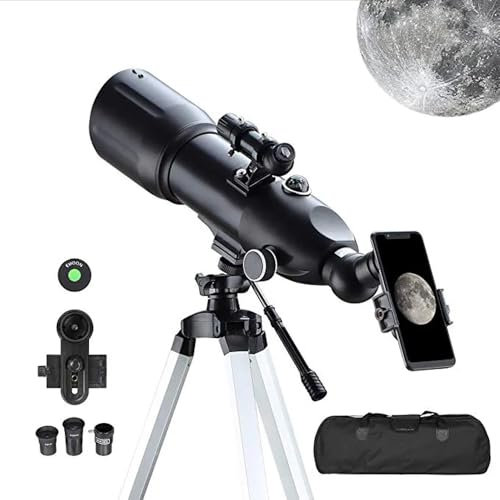 Teleskope für Erwachsene Astronomi, 80-mm-astronomische Reiseteleskope med mondfilter, aufrechtem bild, 10-fach-refraktor, Stativ och Tragetasche med Smartphone-Adapter, för astronomi - fänger
