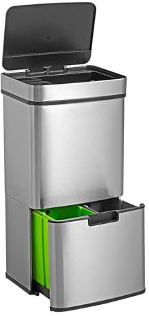 WELL HOME Poubelle de recyclage 67L (42L + 25L) Poubelle à 2 compartiments, ouverture automatique avec capteur, en acier inoxydable, chromé