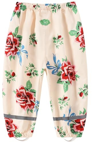 Fewlby Rain Trousers Kids Waterproof Trousers, Girls Mud Proof Pants with Reflective Strips Lightweight Cartoon Flower Rain Wear for Outdoor Play, L Size 5-6 Years Beige