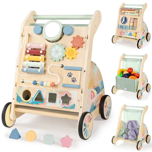 LOL-FUN Wooden Baby Walker with Double-Sided Busy Board, Push Walker for Baby with Adjustable Speed Wheels, Activity Learning Walker for Boys 12 Months