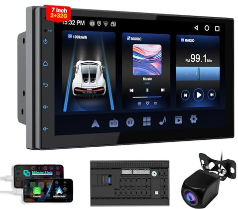 Haudio 2 Din Car Radio with Wireless CarPlay & Android Auto, 7 Inch Touchscreen Car Stereo with Mirror Link, GPS, Voice Control, SWC/FM/RDS/AM, 25 Sets UI Fit All Cars, With Rear View Camera 2+32G