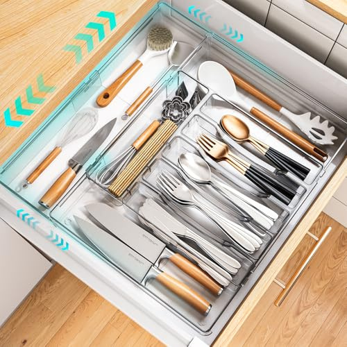 Extendable Cutlery Drawer Organiser - Adjustable Cutlery Tray,Acrylic Kitchen Drawer Organiser,Utensil Drawer Storage for Tableware, 32-54 x 36-50 x 4.5cm