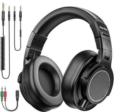 New bee Auriculares de monitor de estudio con controladores de 50 mm, conectores dobles (3,5 mm/6,35 mm) y auriculares giratorios de 180° para DJ, grabación, podcast
