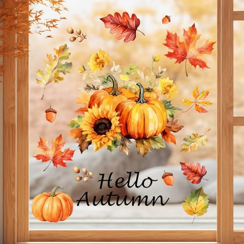Autumn Window Stickers, Autumn Decorations for Home, Static Cling Fall Window Stickers for Glass Door Shopping Mall, Harvest Festival Thanksgiving Day Decor, Vivid & Reusable, Pumpkin Leaf Sunflower