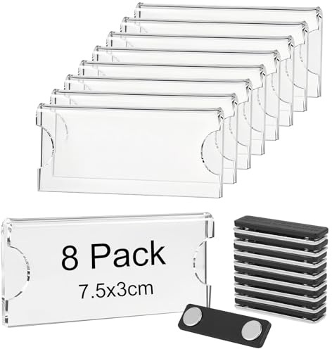 AOOTE Självhäftande magnetisk namnskylt, 8 stycken namnskyltar för klädmagnet, 75 x 30 mm, transparent akryl, med 2 punktmagnet, för utställning, kontor, skola, konferenser, återanvändbar