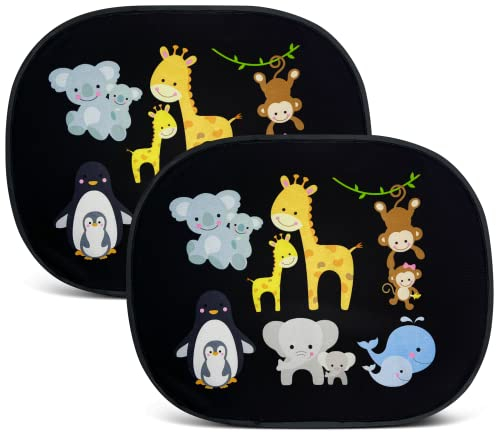 HECKBO 2X Auto Sonnenblende mit 8 Saugnäpfen - Baby Tiere mit Mama - 44x36cm - Auto Fenster Seitenfenster Sonnenschutz Autosonnenblende Seitenscheibe - mit Tasche - für Baby Kinder Mädchen Jungen