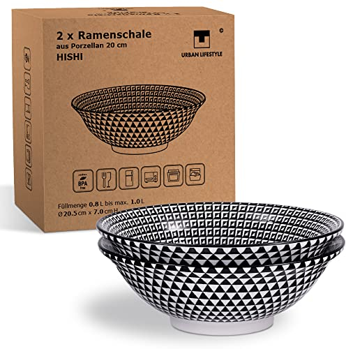 Urban Lifestyle Tazón de ramen Hishi 0.8-1.0 L porcelana 1300 °C juego de 2-20 cm tazón de sopa, ensaladera, tazón de ramen japonés, cuencos aperitivos, cuencos cocina, cuenco ramen, bowl