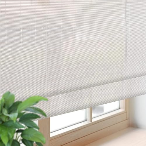 FACIMI Cordless Blackout Bamboo Roller Shades, Roll-Up Woven Roman Shades with 6 H Valance, Custom Light Filtering Bamboo Roller Blinds for Windows, Doors, Patio Door, Porch, Pearl White