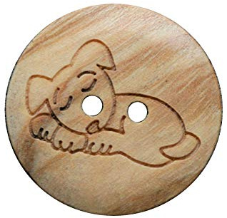 Söta träknappar 2 hål träknappar med hund motiv av äkta oliv trä och delvis synlig ådring (10 stycken) (30 mm)