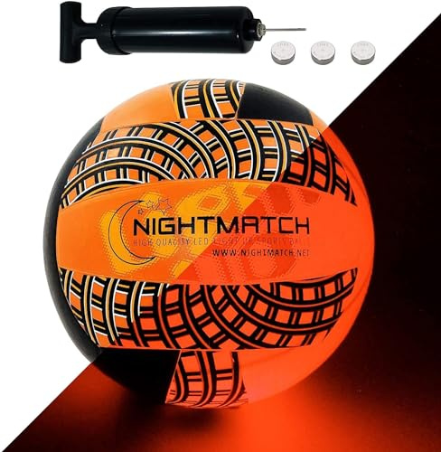 NIGHTMATCH Leuchtender LED Volleyball - Mesh Print Edition, inklusive Ballpumpe und extra Batterien, offizielle Größe und Gewicht (Schwarz/Orange)