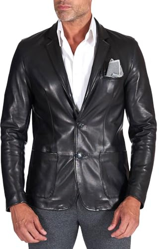 D'Arienzo Lederjacke Herren Echtleder schwarz Italienisch Lederblazer mit Zwei knöpfen Echtes Leder Made in Italy Luke 48/schwarz