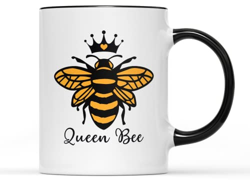 SmartyPants Queen Bee Mug - Gifts Tea Women Coffee Cup Bumble Happy Quote Bees Lovers Accessories Beekeeper Beekeeping Tableware Pretty Kitchen Ceramic Tableware Slogan (Black Handle Prime)