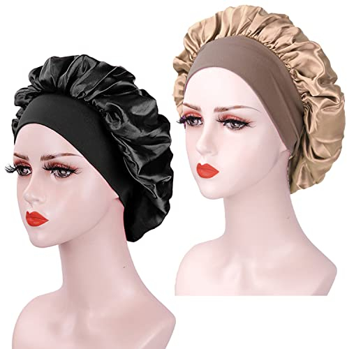 2 Pieces Bonnet Satin Cheveux Nuit, pour Femme, Bonnet en Satin à Bande Élastique Douce (Noir+Or)