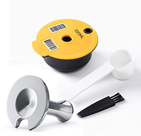 RECAFIMIL Wiederverwendbare Tas*simo Kaffeepad 220ml mit Tamper Wiederbefüllbare Kaffeekapsel PP Kunststoff Kaffeefilter Kompatibel für Bosch Tassi-mo Maschine, Gelb