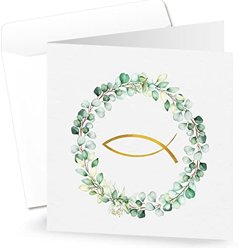 Logbuch-Verlag 10 biglietti pieghevoli con busta come biglietto di invito e biglietto di ringraziamento, motivo: pesce eucalipto, biglietti con busta, 15 x 15 cm, verde oro